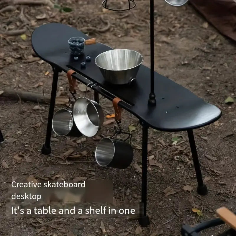 Black Skateboard Shape Courtyard Camping Table - Foldable & Lightweight-1