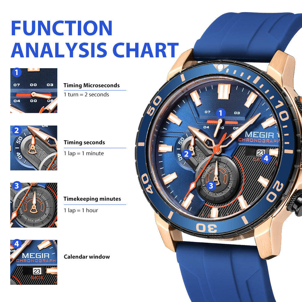 MEGIR Luxury Military Watches for Men Fashion Sport Quartz Wristwatch Waterproof Silicone Band Male Clock Chronograph with Date 2224-7