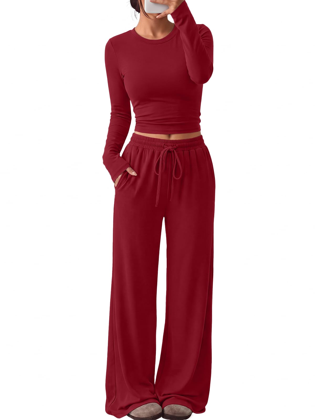 Women's 2 piece lounge set shown from behind with the pocketed bottoms in view