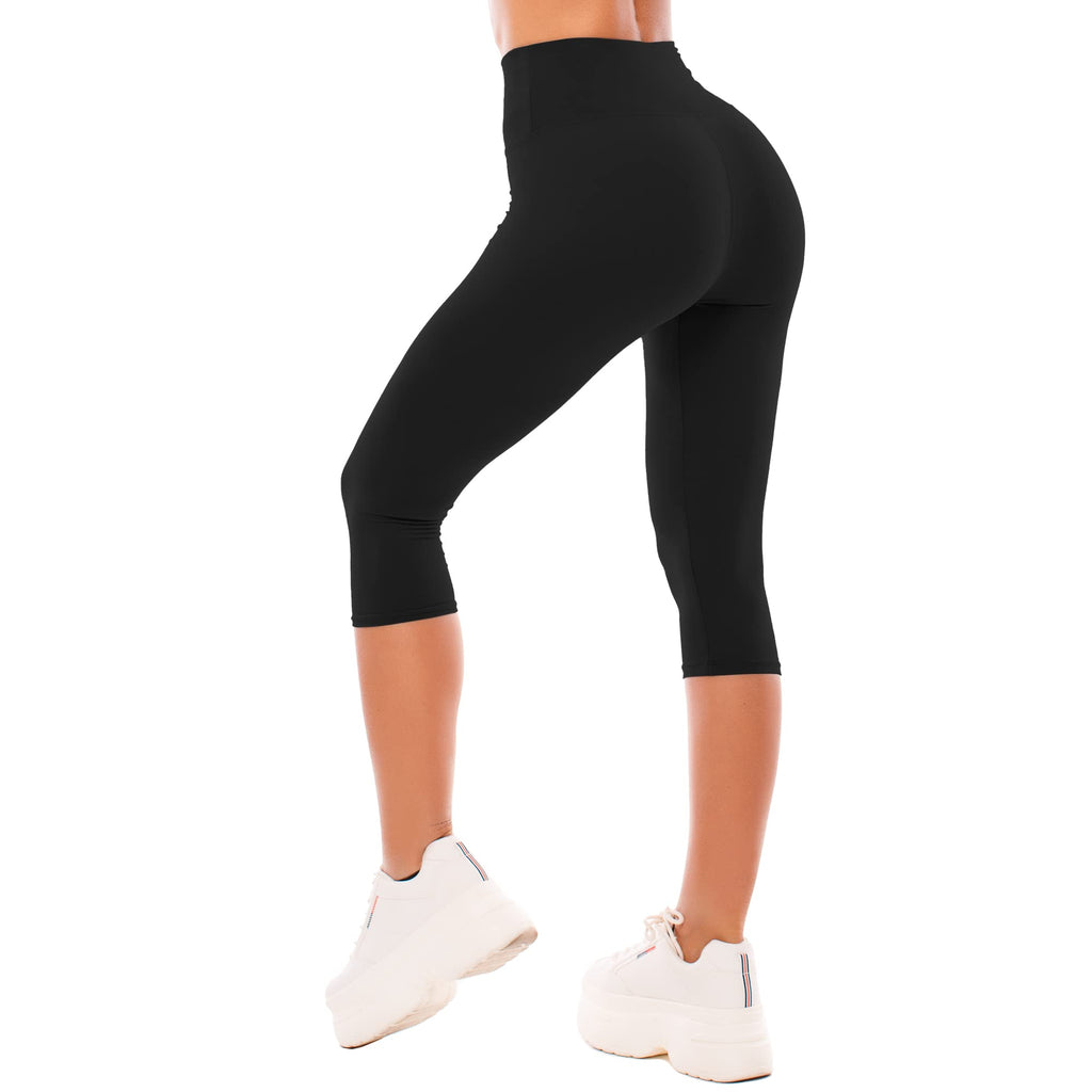Flat lay of full-length black leggings with the waistband detail and leg seams visible