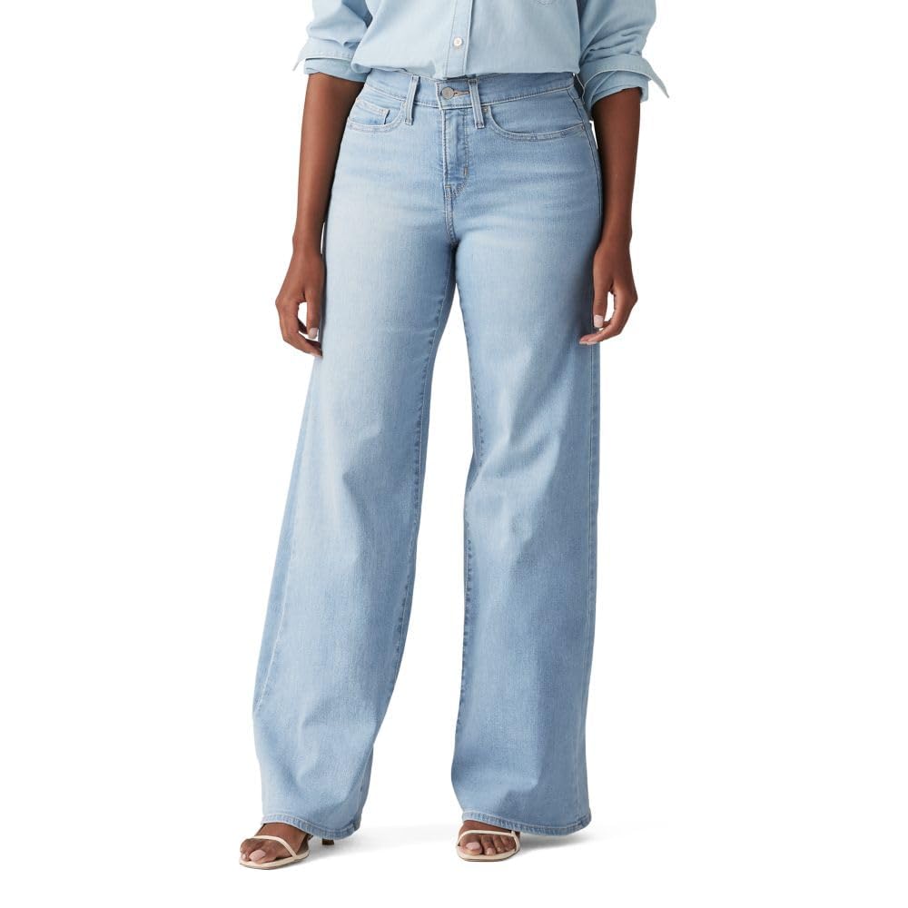 Close-up of the denim wash variation across women's 318 shaping wide-leg jeans