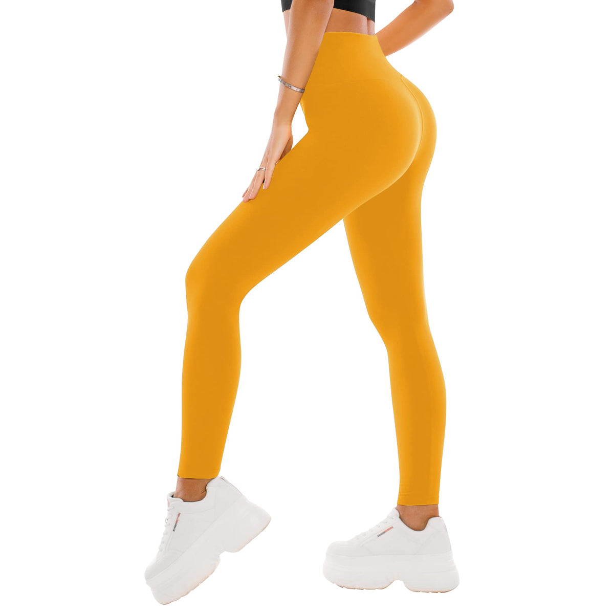 High waisted full-length leggings in solid black, front view showing the wide tummy-control waistband