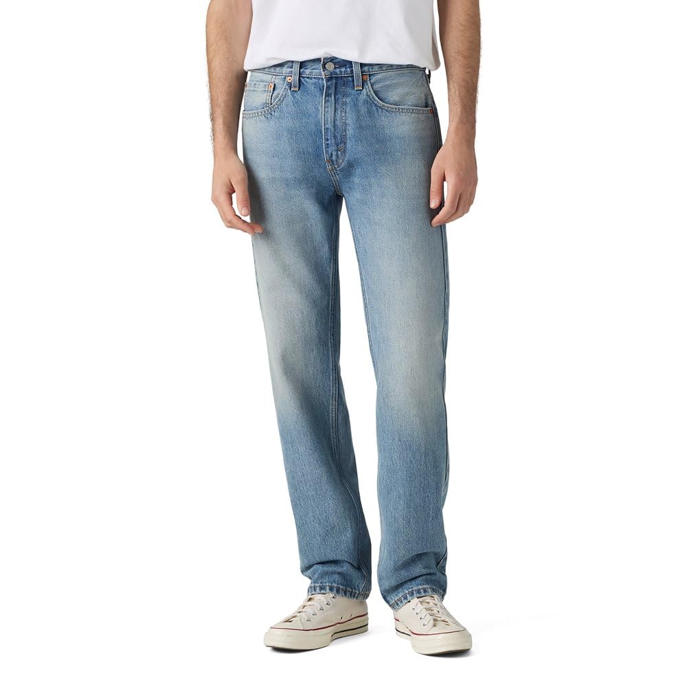 Men's 505 regular fit jeans shown full length, front view
