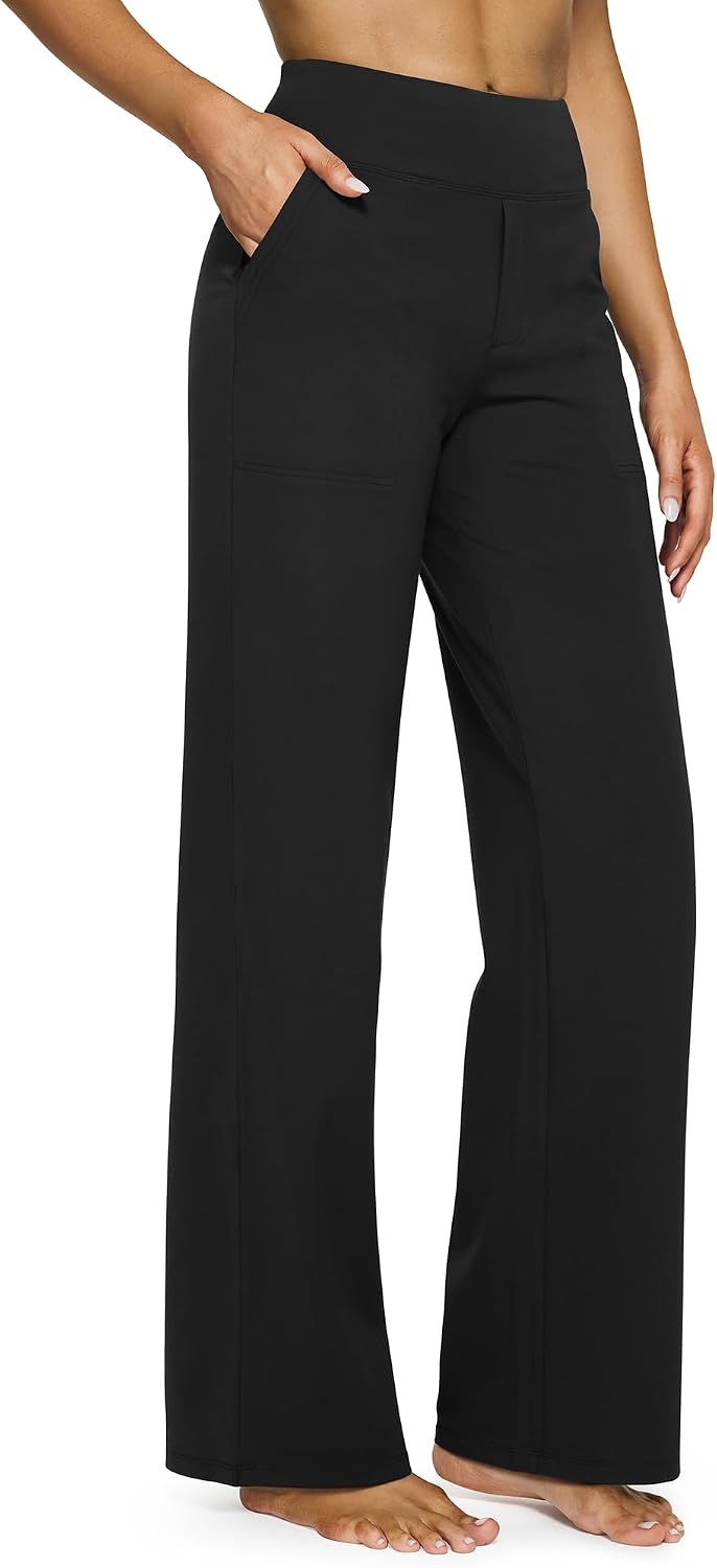 Wide leg yoga pants for women in a relaxed drape, front view showing high waistband and side pockets