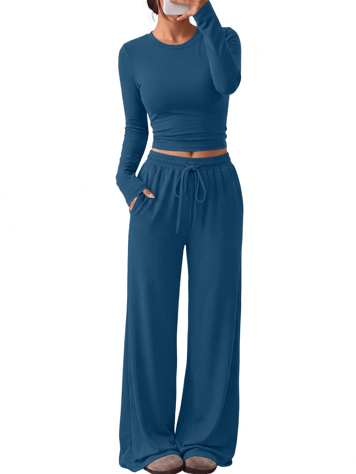 Women's 2 piece lounge set hanging on rack, full view