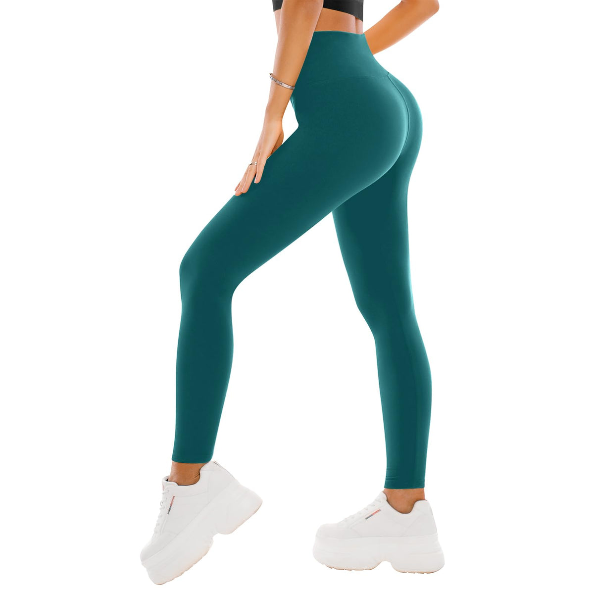 High waisted leggings in a seated stretch, showing flexibility and soft fabric drape