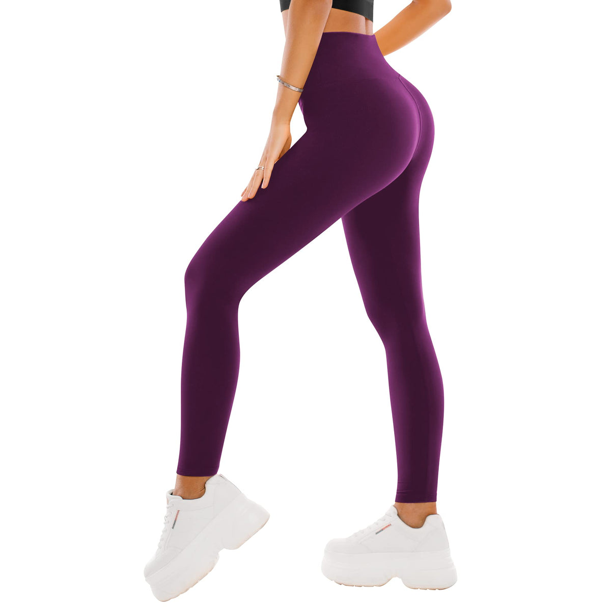 Capri-length buttery soft leggings in black shown from the front with a mid-calf hem