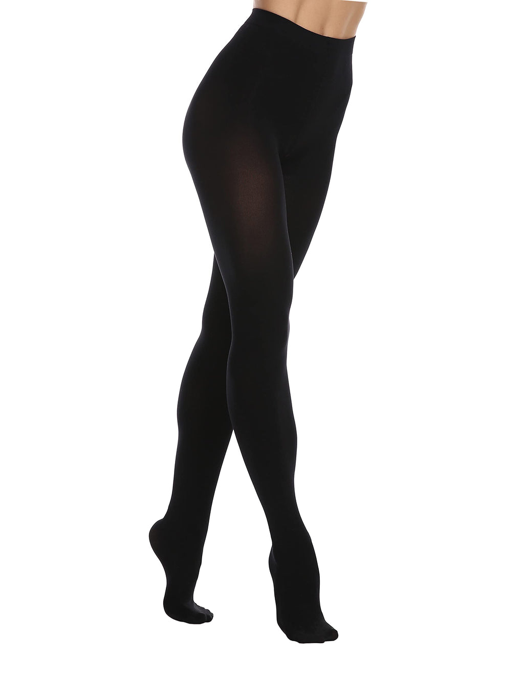 Opaque black tights worn seated, showing smooth matte leg finish