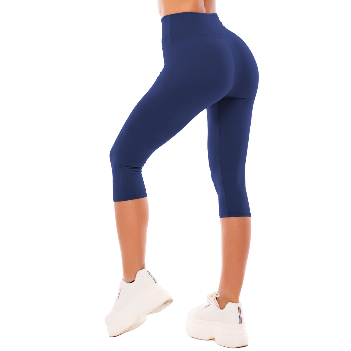 Model in a forward bend wearing full-length high waisted leggings, showing opaque coverage