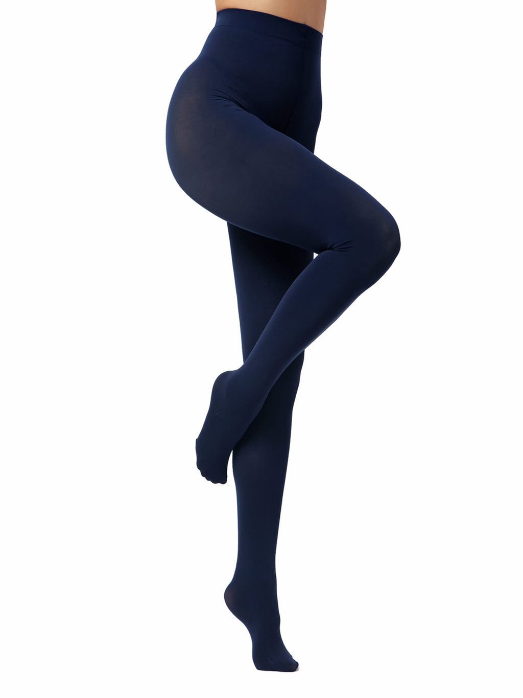 Black opaque tights on a model seated, showing ankle and knee fit