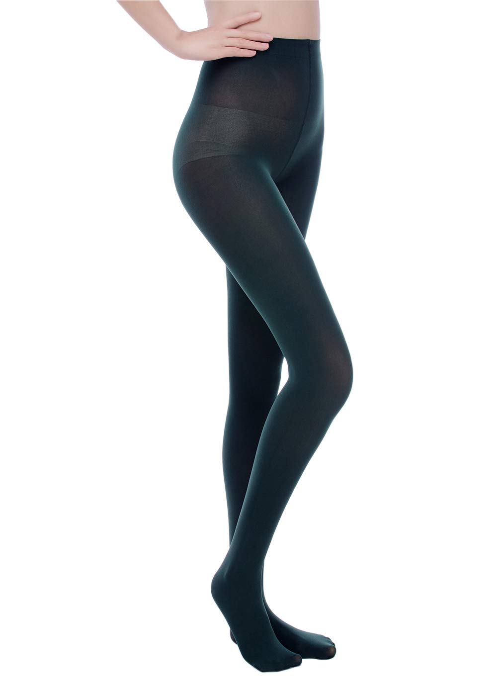 Black 80 den tights worn with a short skirt, opaque matte legs
