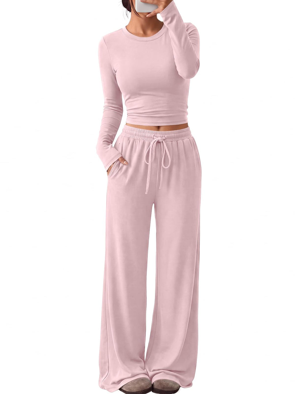 Model wearing the fall lounge set, full-body front view showing both pieces