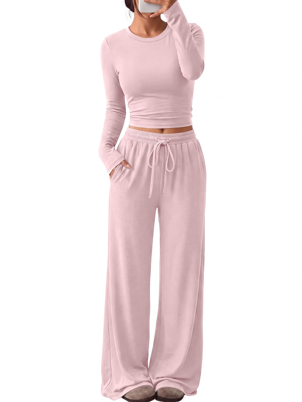 Model wearing the fall lounge set, full-body front view showing both pieces