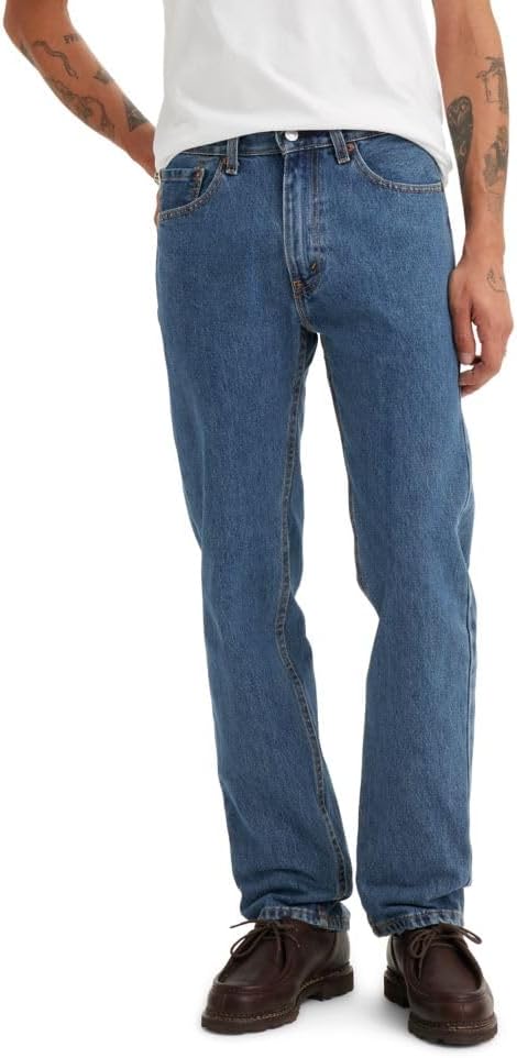Men's 505 regular fit jeans shown full length, straight leg silhouette in classic blue denim