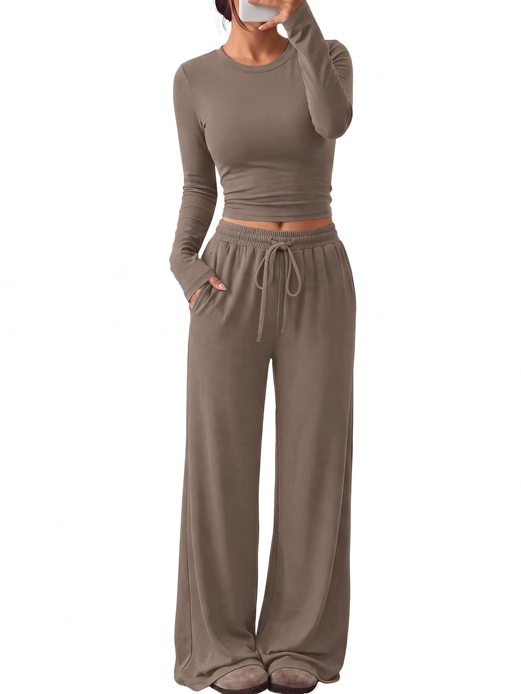 Model walking in the fall lounge set, showing movement and fit
