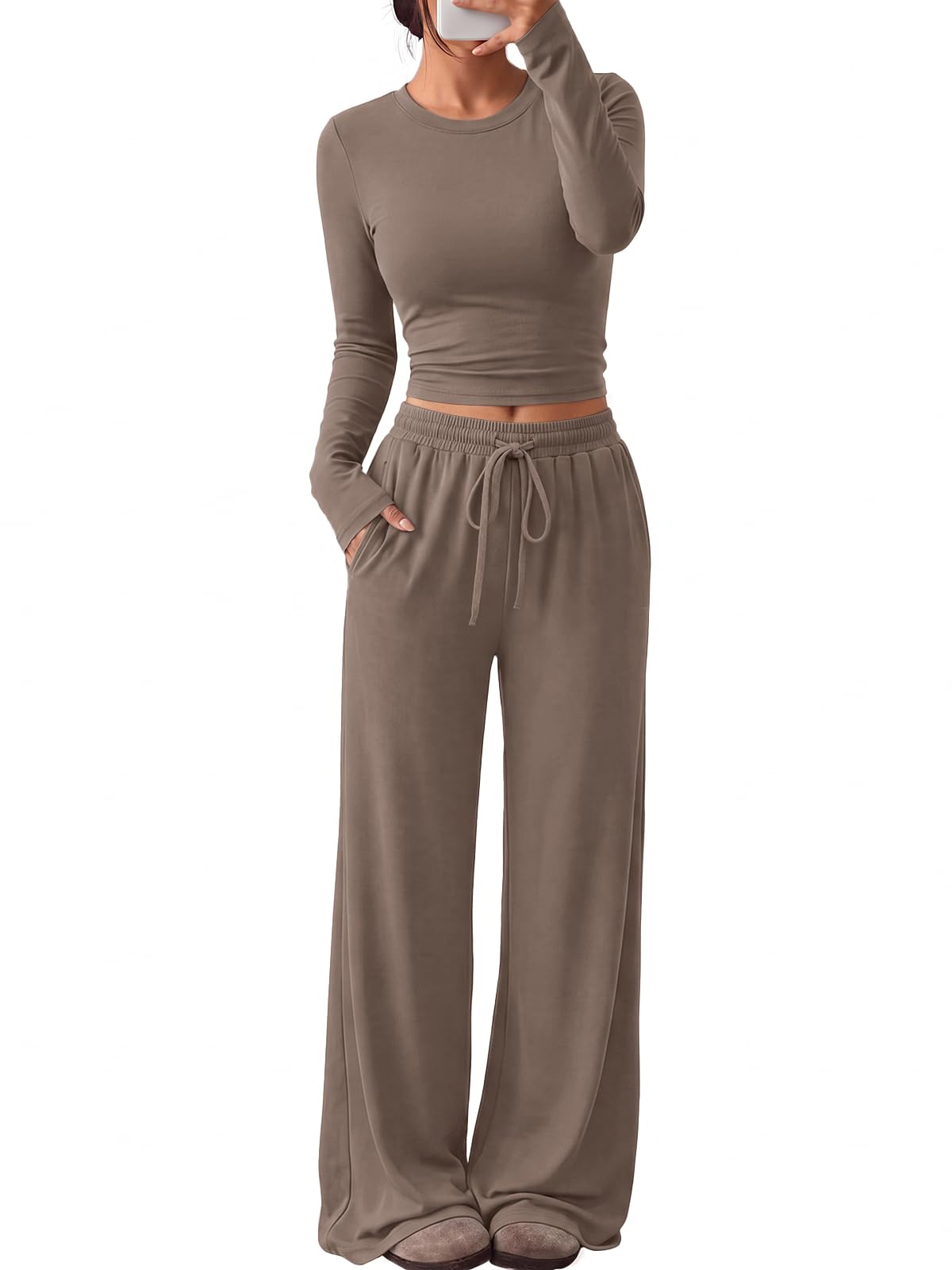 Model walking in the fall lounge set, showing movement and fit