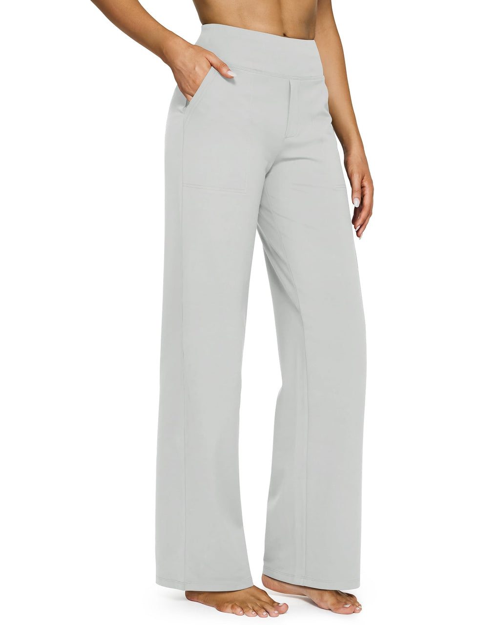 Close-up of high waistband on wide leg yoga pants