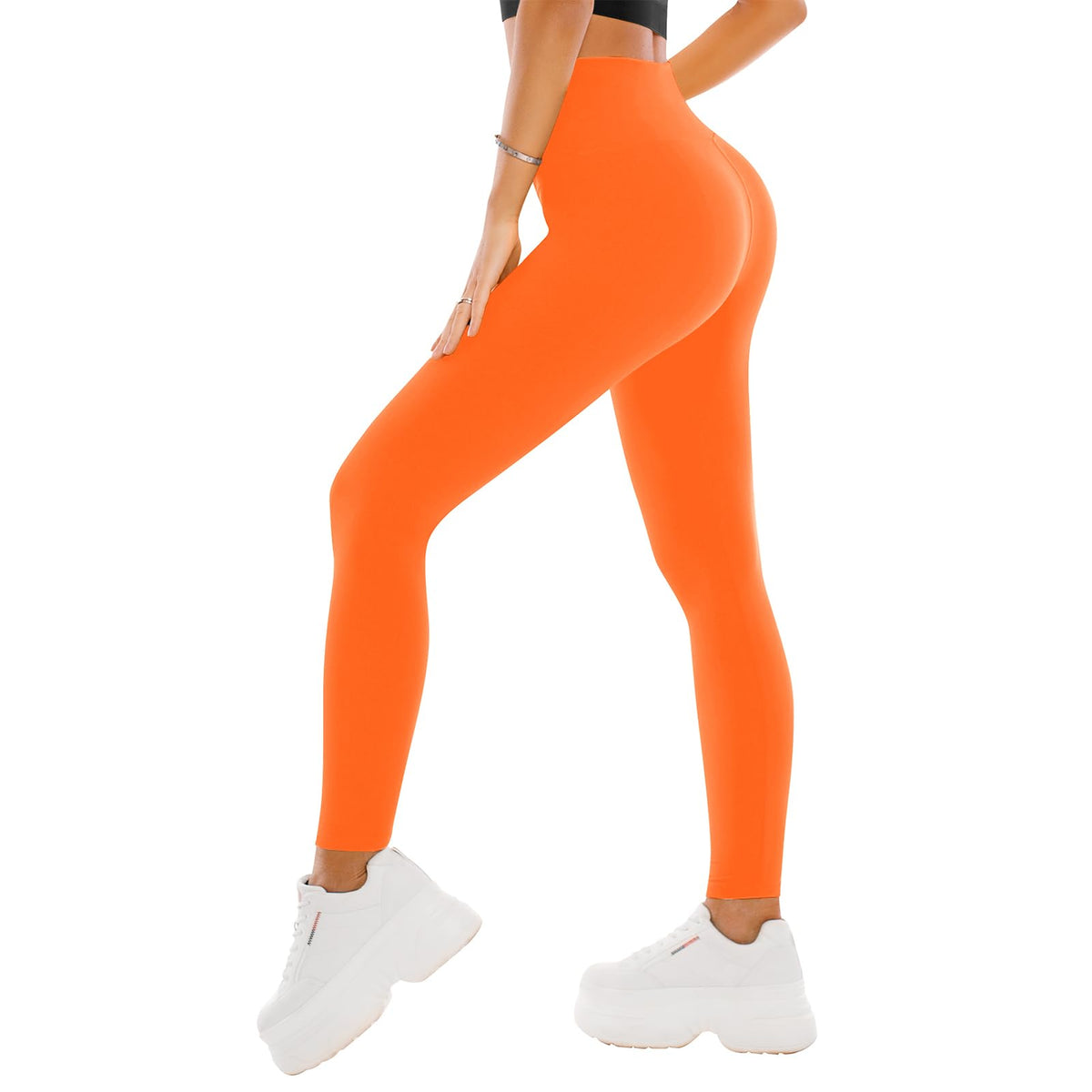 High waisted leggings stretched to show the opaque, buttery soft material