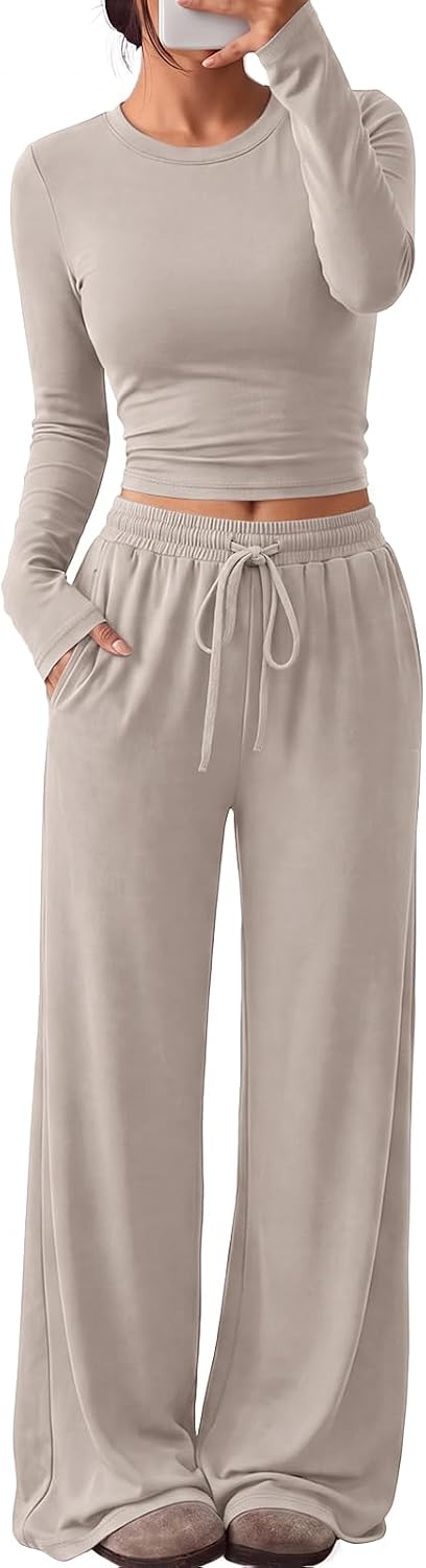 Women's 2 piece lounge set top shown on model, front view