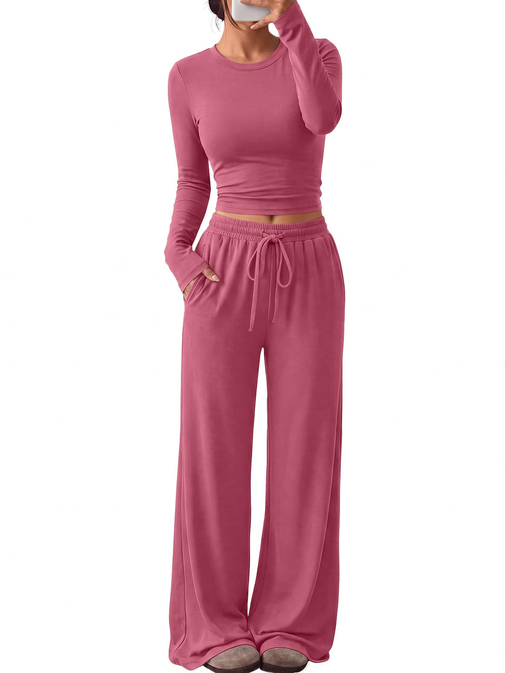 Model walking in the lounge set, three-quarter angle full outfit