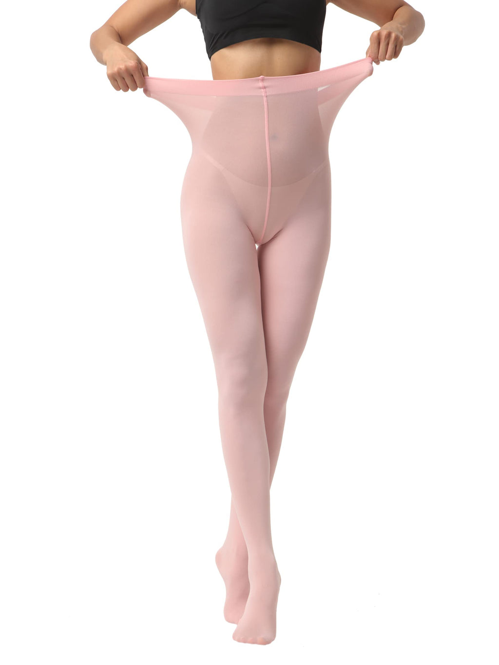 Black 80 den tights on legs against a plain light background