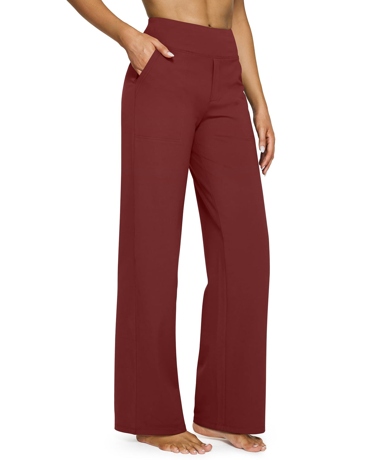 Women's wide leg yoga pants with pockets shown in a front-facing pose