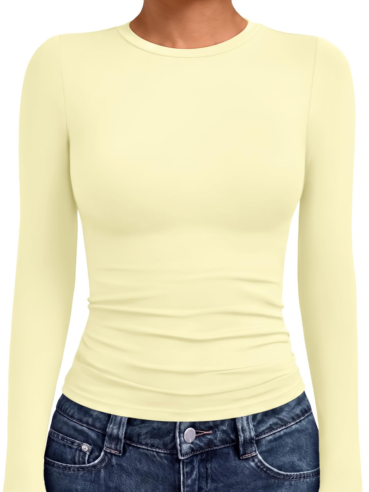 Women's crew neck compression shirt flat lay showing the full long sleeve cut