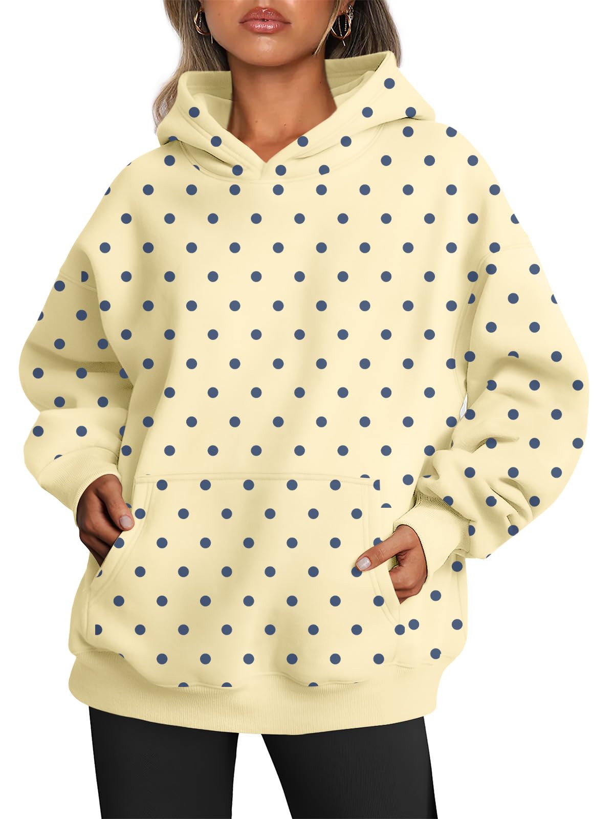 Close-up of the kangaroo pocket on the front of the oversized hoodie