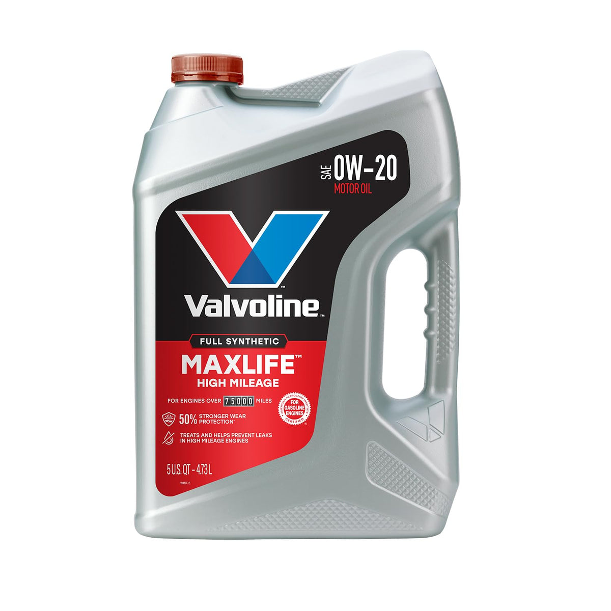 5-quart jug of high mileage 5W-30 synthetic blend motor oil for engines over 75,000 miles