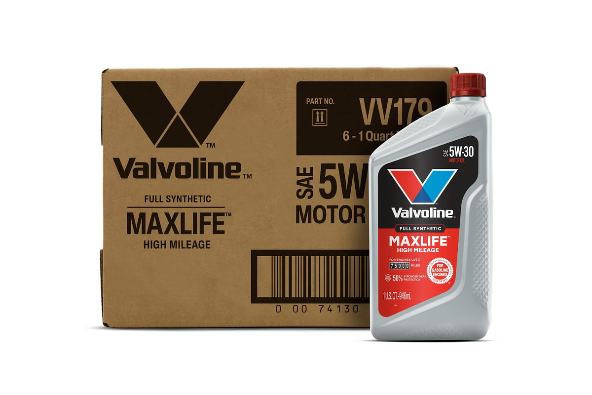 Motor oil jug angled to show fluid level window and 5-quart capacity