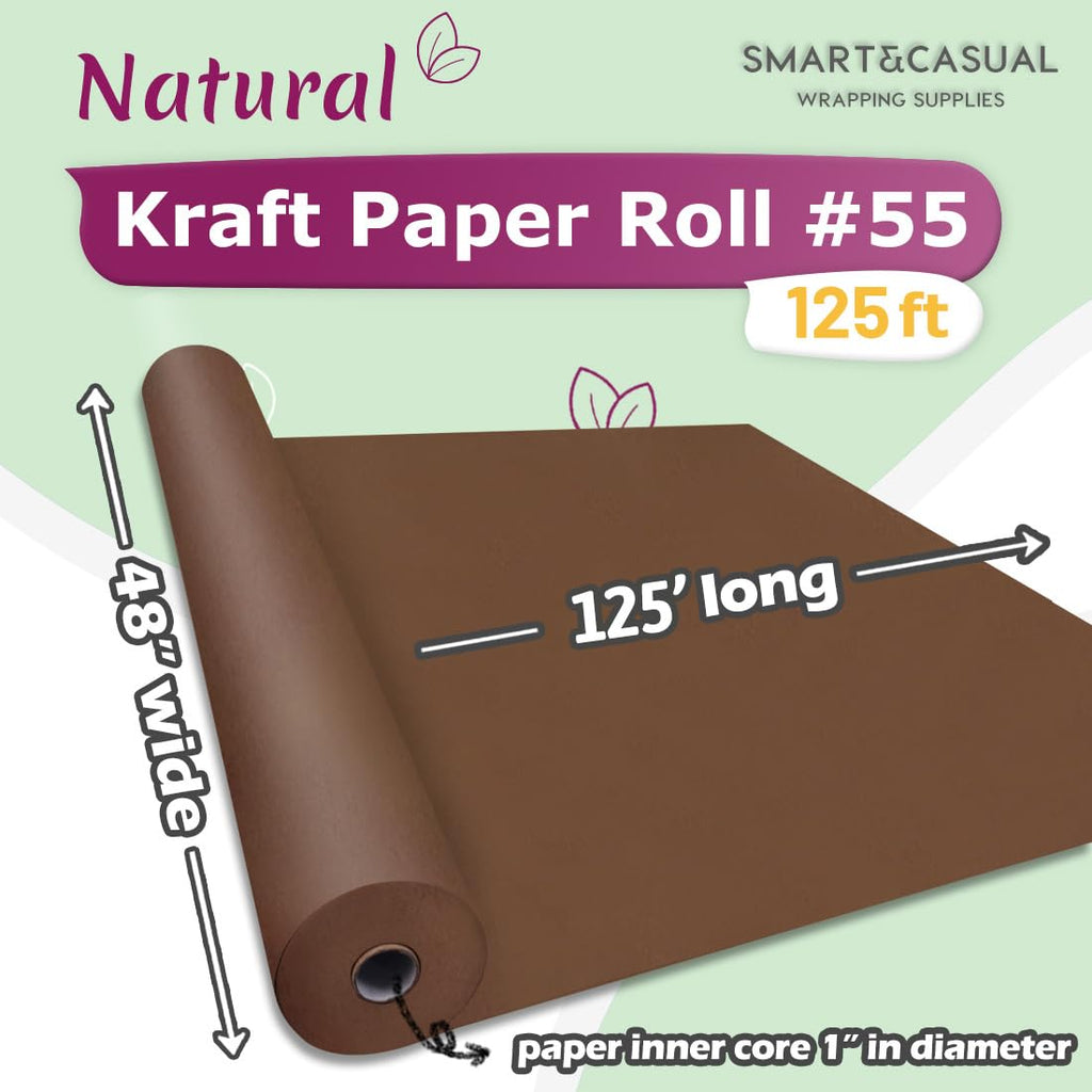 SMART&CASUAL 36" x 1,500" (125') Brown Kraft Craft Paper Roll for Gift Wrapping Bulletin Board Bouquet Flower Art Packing Parcel Table Covering 70GSM 50LB (Brown, 36" x 125') Jansha Store