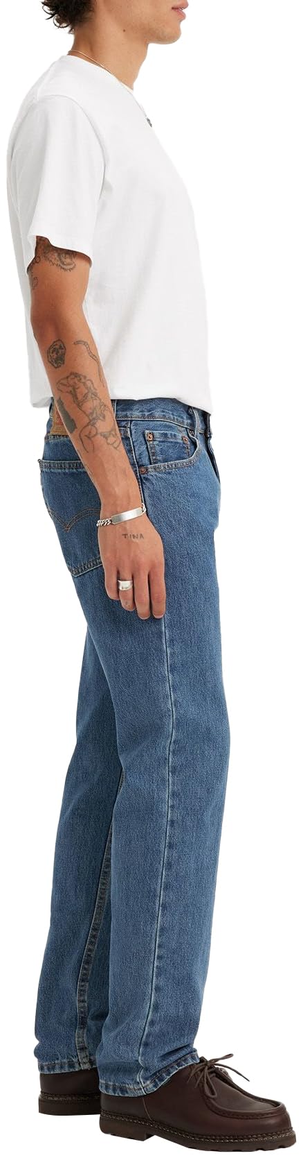 Men's 505 regular fit jeans in medium blue denim, side view showing the straight leg cut