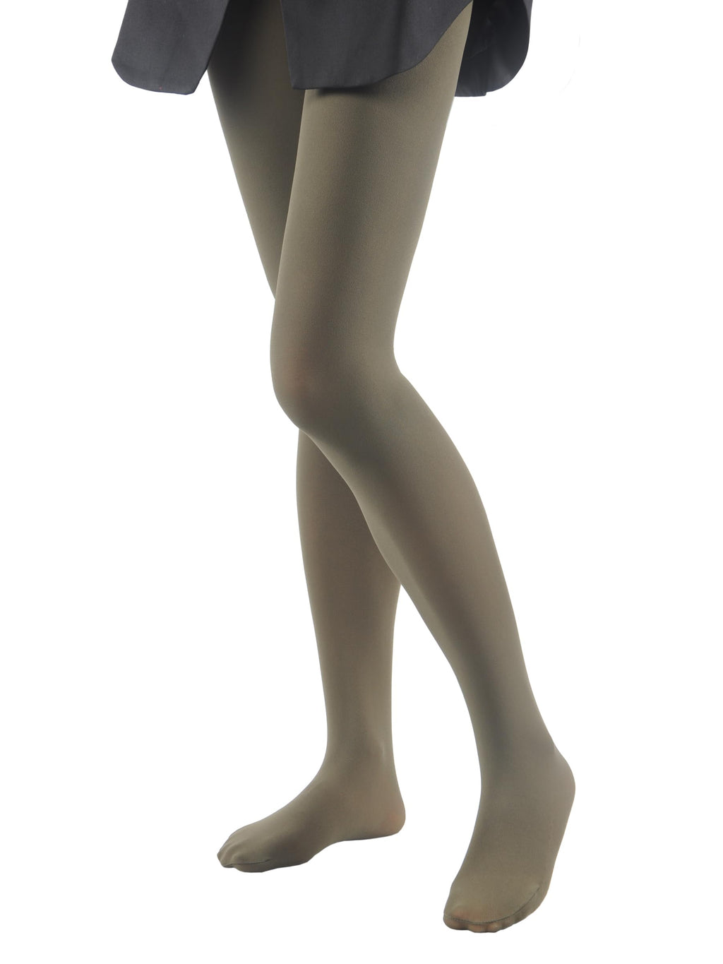 Black 80 den tights worn seated, showing the smooth opaque finish