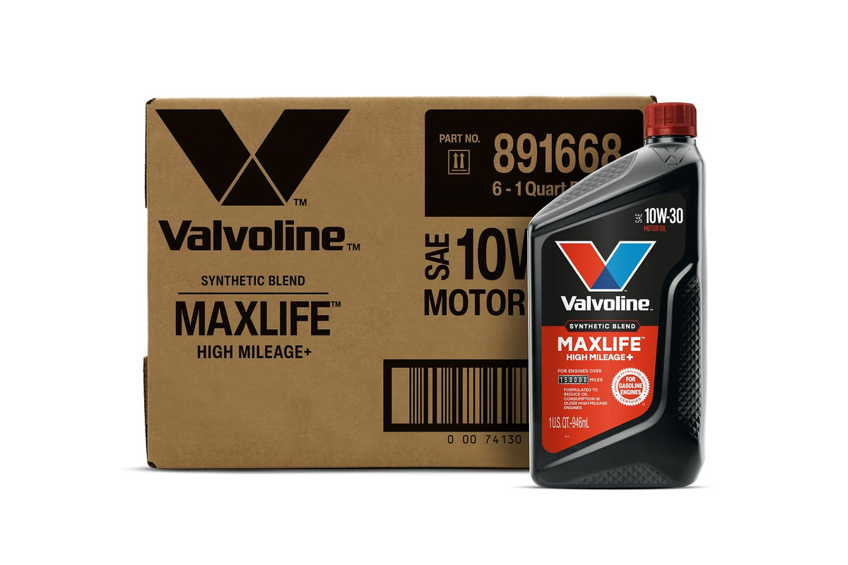 High mileage synthetic blend motor oil bottle with 5W-30 grade marking on cap