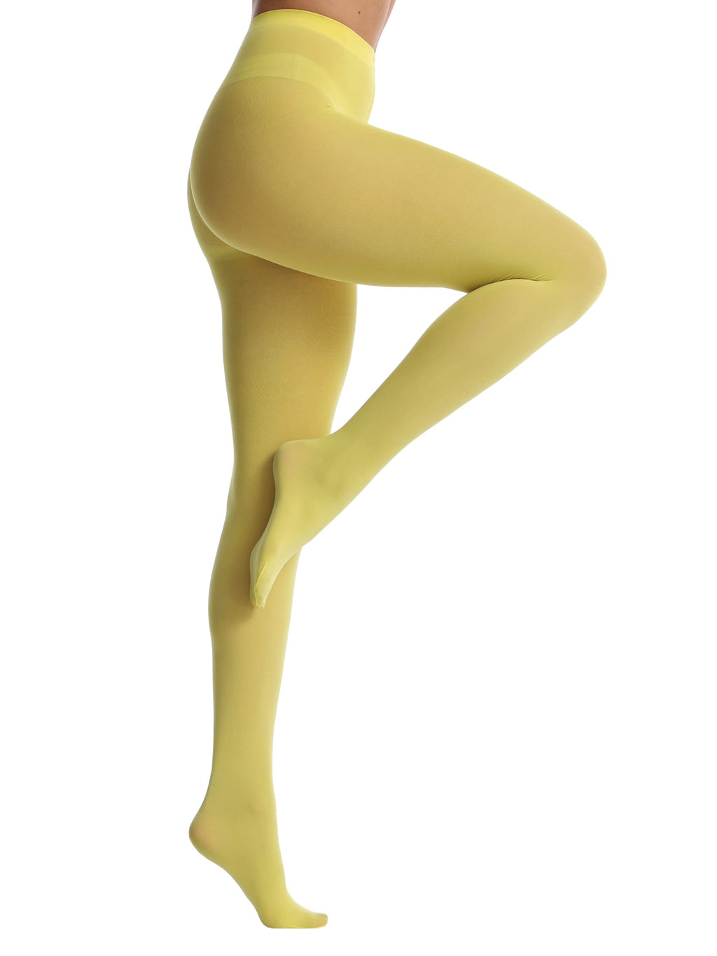 Opaque tights stretched to show soft, even coverage and stretch