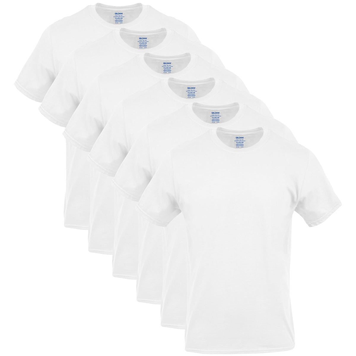 Flat lay of a single crew neck T-shirt in a solid color on a plain background