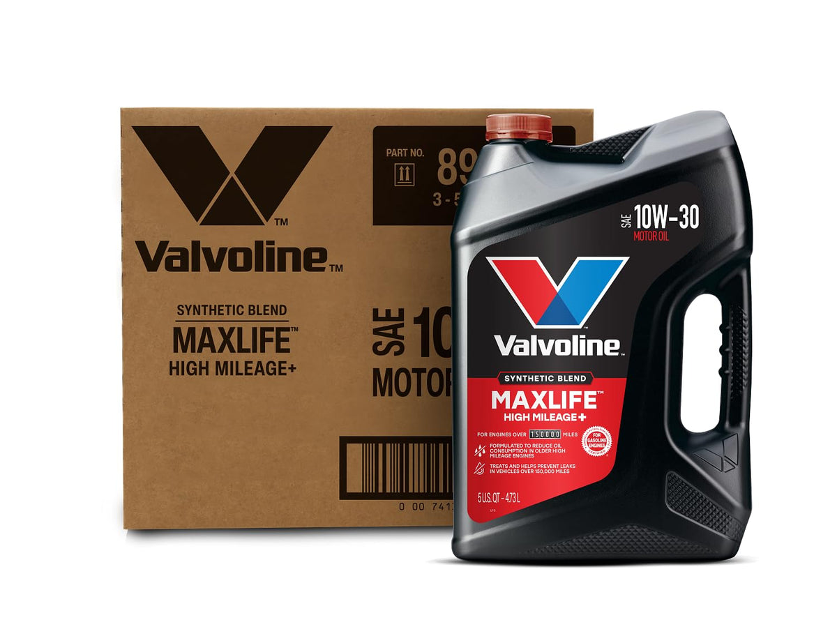 Top-down view of high mileage motor oil jug with 5 quart capacity label