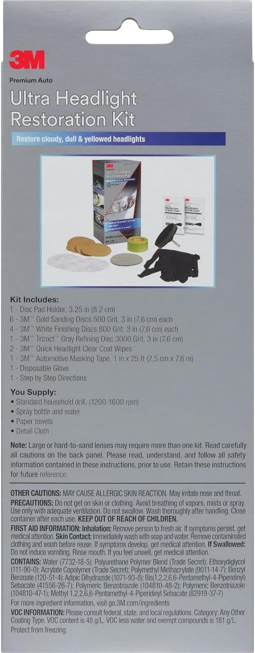 3M Ultra Headlight Restoration Kit, Contains Masking Tape, Light Sanding Discs, Wax Protectant and More, Use on Plastic Lenses Headlights, Taillights and More, Easy Heavy-Duty Restoration (39195) Jansha Store