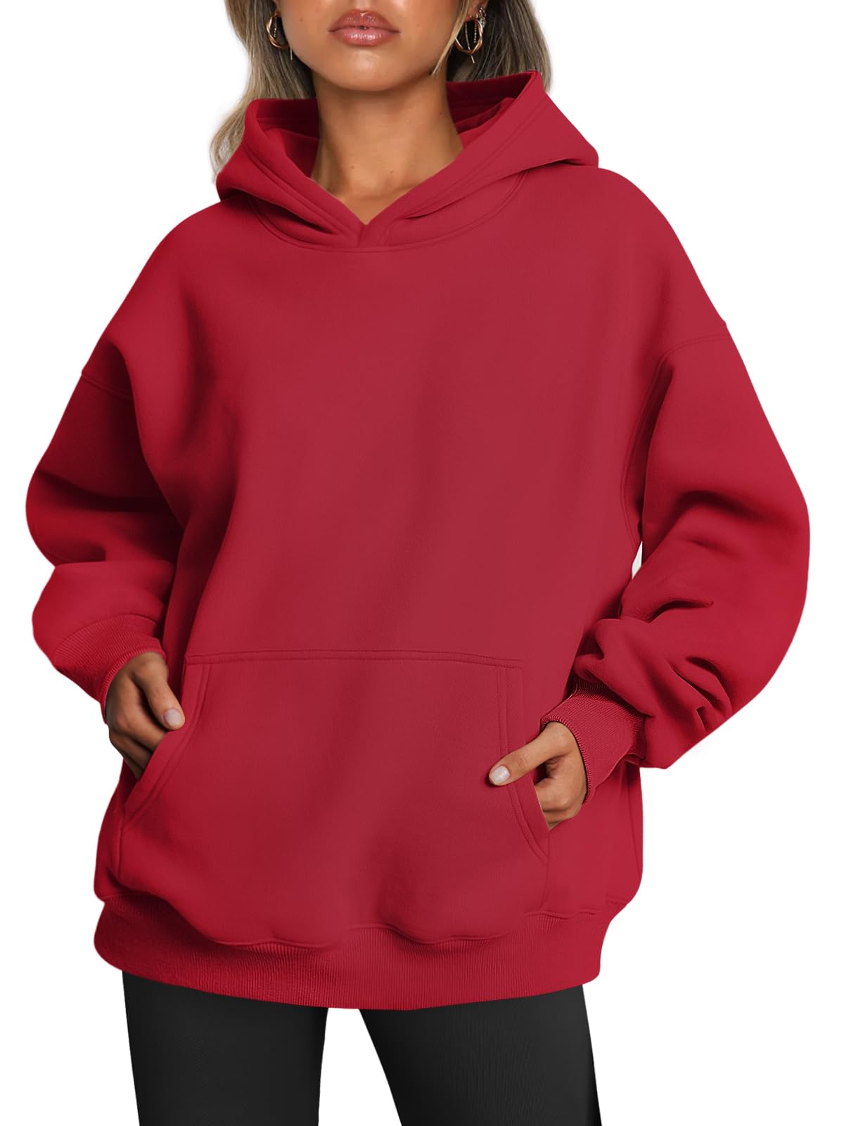 Oversized women's hoodie in a front view showing the relaxed fit and drawstring hood