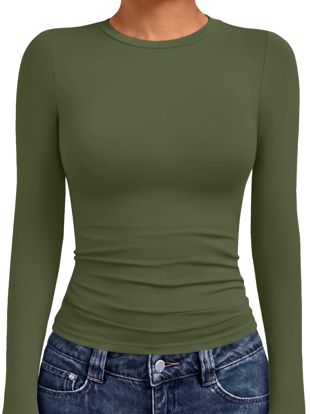 Women's crew neck long sleeve compression top folded to show fabric and stitching