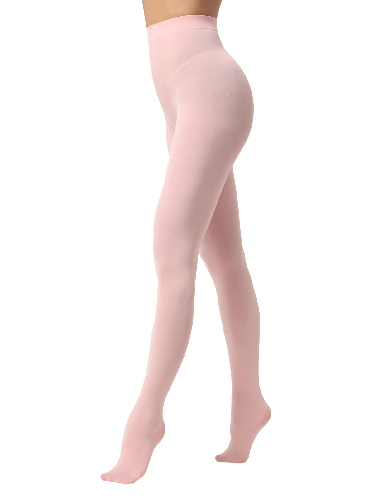 Black soft tights worn with ankle boots, close view of the leg