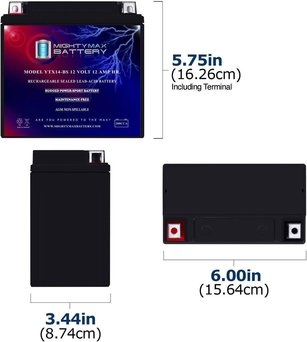 Mighty Max Battery YTX14-BS - 12 Volt 12 AH, 200 CCA, Rechargeable Maintenance Free SLA AGM Motorcycle Battery Jansha Store