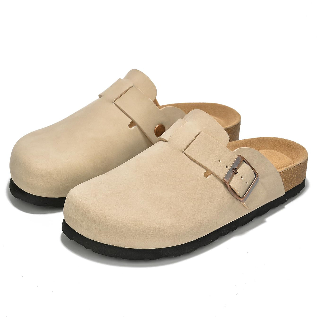 Women's genuine leather clogs with a cork footbed and adjustable strap, shown from the side
