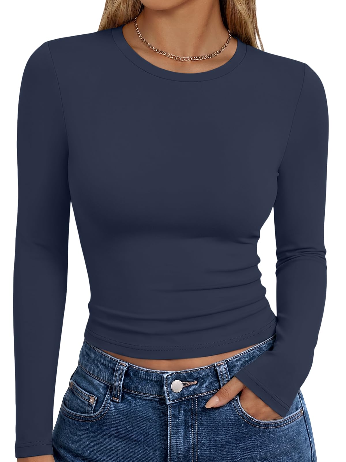 Women's long sleeve t-shirt shown on a hanger against a neutral background