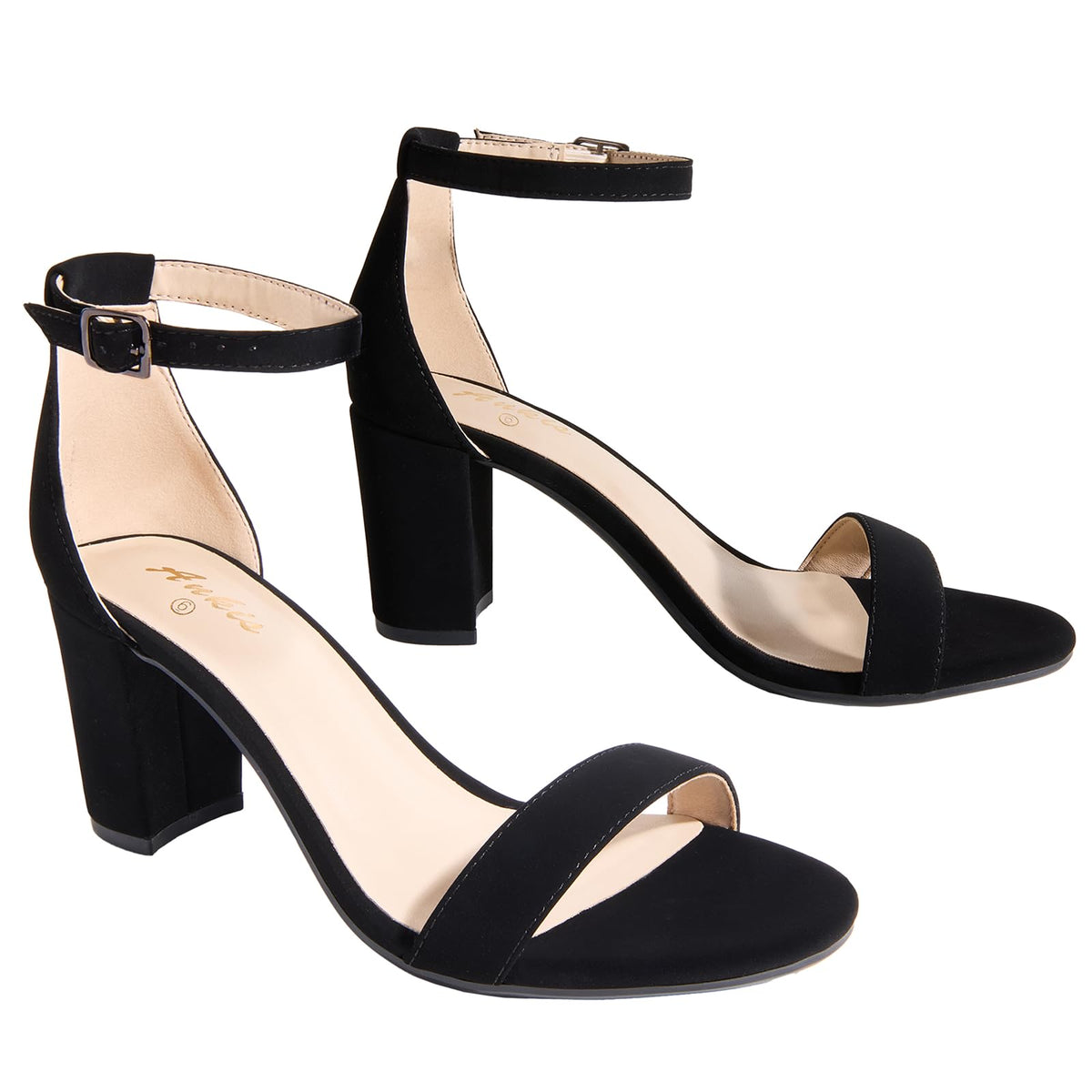 Pair of open toe ankle strap sandals, angled product view