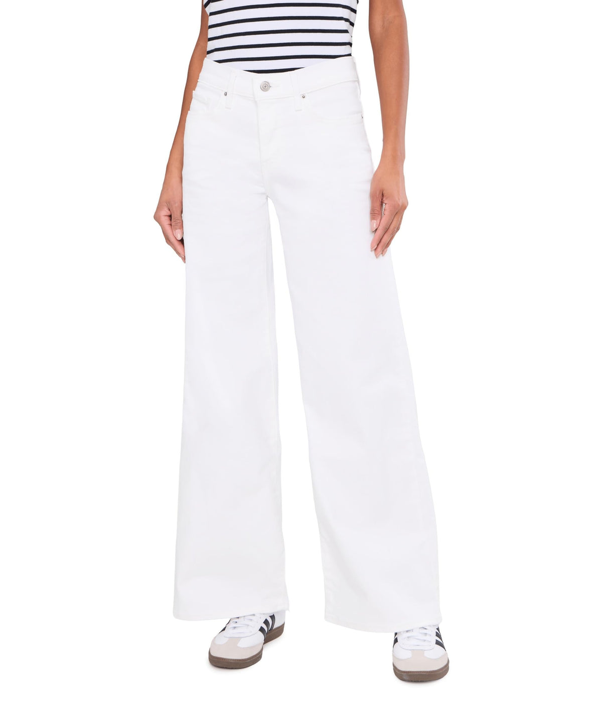 Detail of the front button closure and fly on the 318 shaping wide-leg jeans