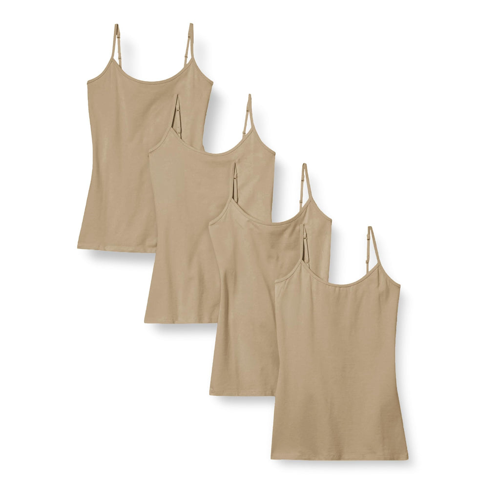 Four folded slim-fit camisoles in different shades stacked in a pile