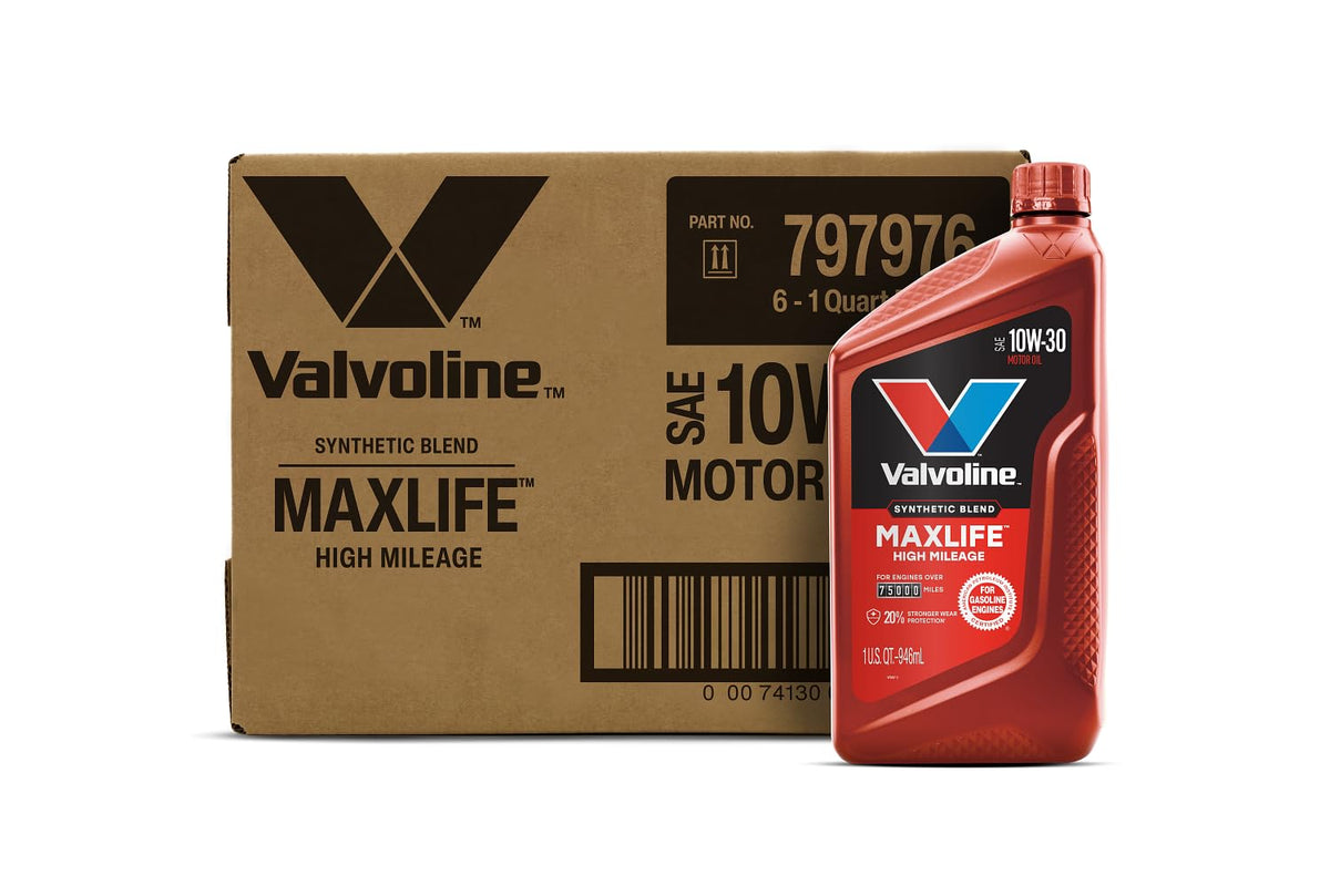 Front label of high mileage 5W-30 synthetic blend motor oil bottle showing viscosity and formula