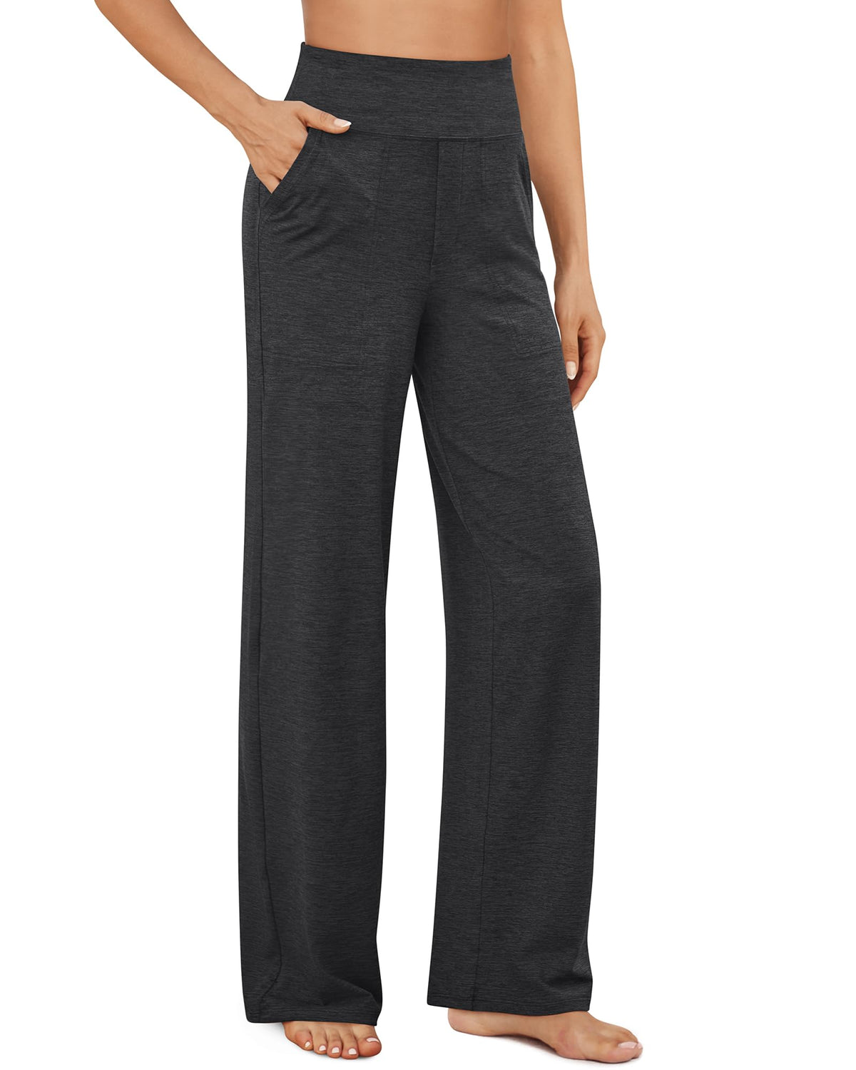 Close-up of the high waisted waistband on women's wide leg yoga pants