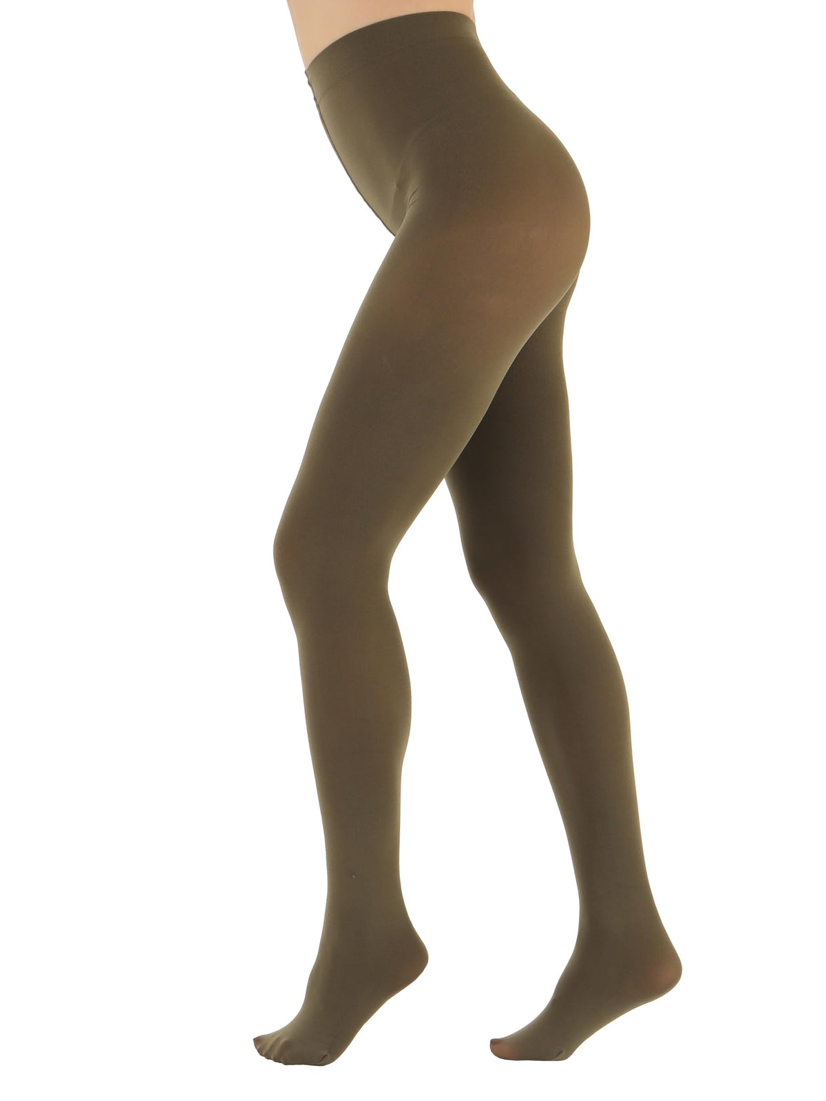 Black opaque tights styled with a dress, showing smooth matte legs